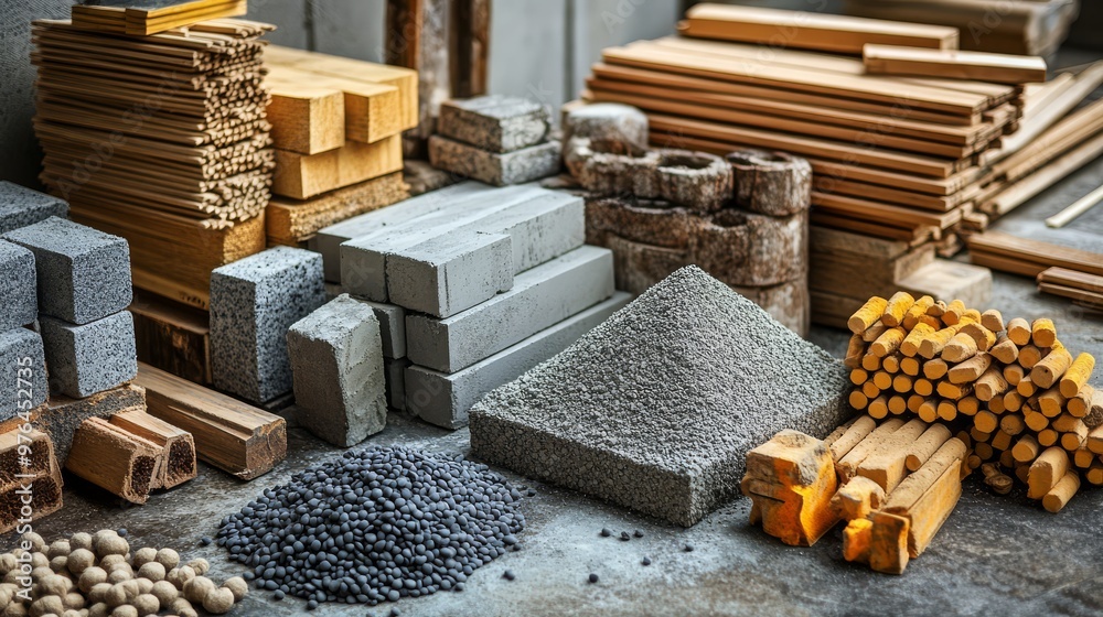 Variety of construction materials including wood planks, concrete ...