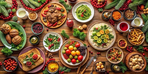 Top view of a festive Christmas dinner table filled with delicious vegetarian dishes