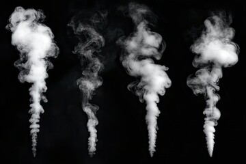 Wall Mural - Collection of close-up shots of abstract white steam or smoke. White cloudiness from moisture spray Isolated on a black background , ai