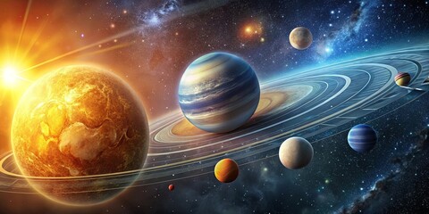 Wall Mural - artist's rendering of a solar system with planets and sun in background