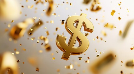 Shiny gold dollar symbol surrounded by falling confetti, representing success, wealth, and prosperity in a celebratory atmosphere.