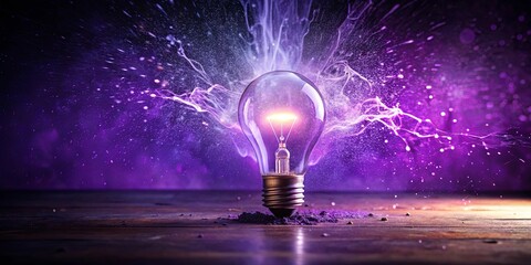 A glowing light bulb breaking through a purple background with splashes of paint on the floor