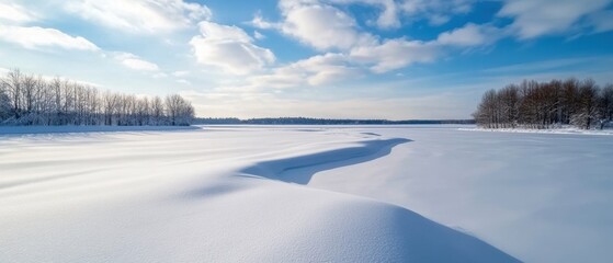 A serene winter landscape featuring a snow-covered lake, gentle clouds, and a tranquil sky, perfect for nature lovers and winter scenes.
