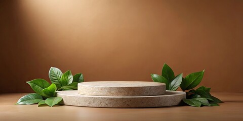 Stone product display podium with nature leaves on a brown background