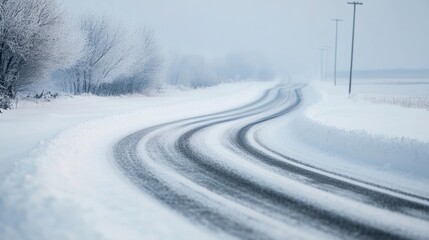 A serene winter road winding through a snowy landscape, showcasing the beauty and tranquility of a cold season.