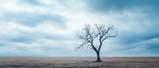 A solitary tree stands against a dramatic sky, symbolizing resilience and beauty in a vast, empty landscape.