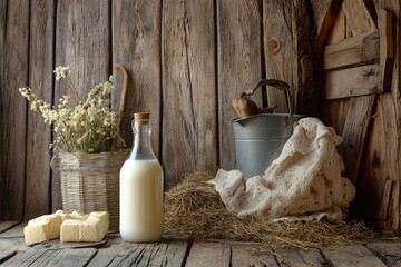 Fresh Farm Milk: Capture a rustic still-life of fresh milk in a glass bottle, surrounded by scenic farm elements like hay, barn wood, and a milk pail , ai