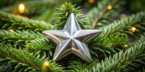 Close up of a shiny silver star ornament on a Christmas wreath