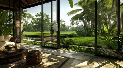 Canvas Print - Tropical Villa with Rice Paddy View