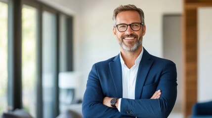 Confident businessman smiles with arms crossed in modern office setting, showcasing professionalism and approachability.