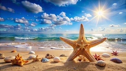 A beach filled with starfish and seashells under the summer sun