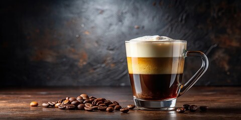 Wall Mural - An Americano coffee beverage served in a glass with frothy foam on top