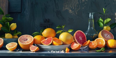 Wall Mural - Colorful Citrus Arrangement Fresh Oranges, Grapefruits, and Lemons on Countertop