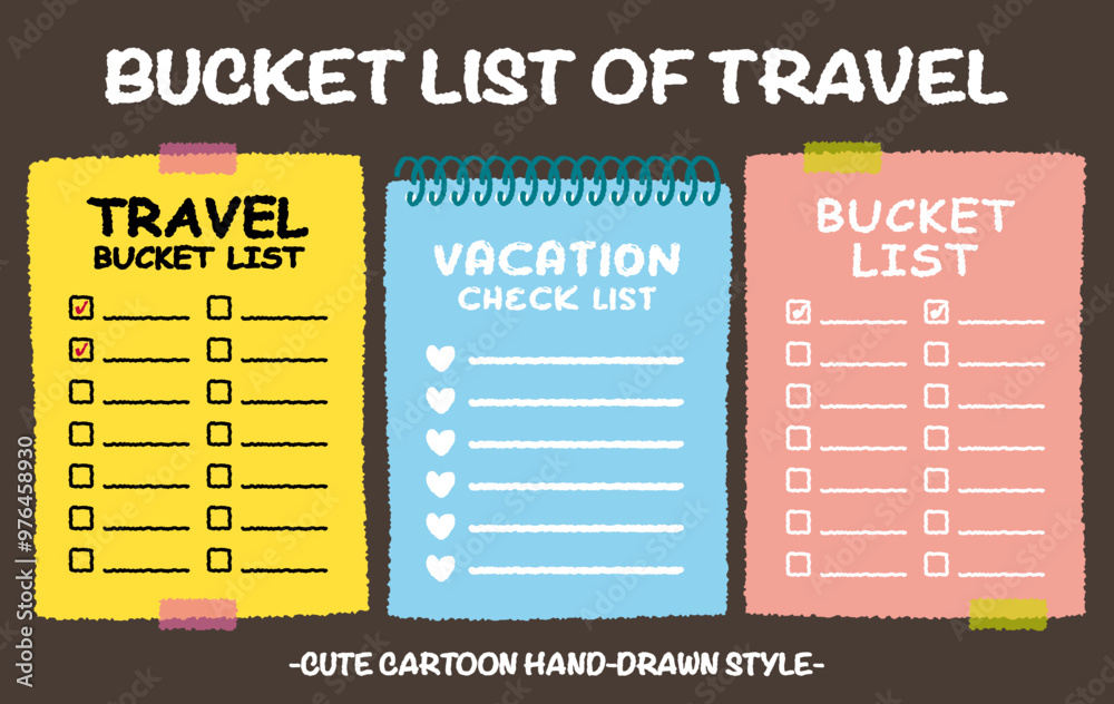 Hand drawn style travel bucket lists set. Colorful crayon drawing ...
