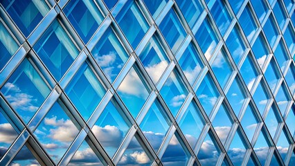 Close up of glass wall with diamond pattern against blue sky background