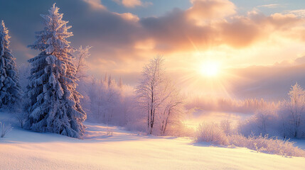 beautiful winter landscape with snow-covered trees and a meadow, a beautiful sunrise in the sky, a f