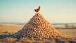 © Morng - A rooster stands proudly on a large pile of eggs in an open field, symbolizing abundance and farm life.
