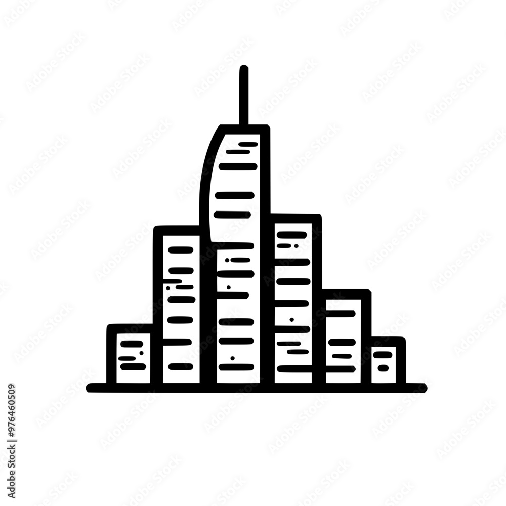 Simple black and white line drawing of a modern city skyline with tall ...