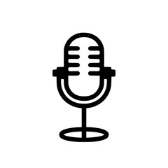 black and white microphone icon symbolizing broadcast and audio recording on a white background.