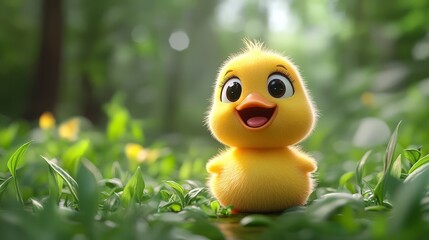 adorable fluffy yellow duckling in a lush green forest, showing joy and innocence under sunlight. pe
