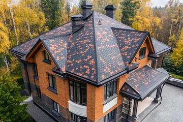 Wall Mural - Roof of the house made of bitumen roof shingles aerial view , ai