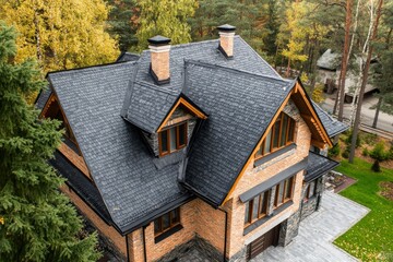 Wall Mural - Roof of the house made of bitumen roof shingles aerial view , ai