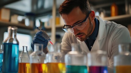 A scientist conducting an experiment with various colored liquids in a laboratory setting