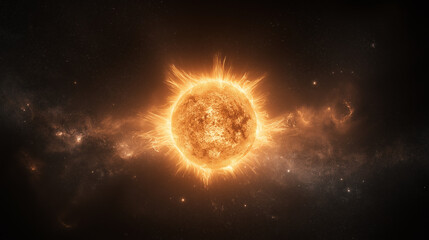 3D illustration of a sun with glowing flames on a black background, featuring a solar flare and a starry sky. A bright yellow sun represents an energy source or power concept.