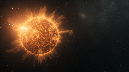 Wall Mural - 3D illustration of a sun with glowing flames on a black background, featuring a solar flare and a starry sky. A bright yellow sun represents an energy source or power concept.