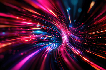 a dynamic, high-energy scene of light streaks and colorful particles forming a warp tunnel, represen