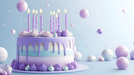 A beautifully decorated purple birthday cake with candles and colorful spheres, perfect for celebrations and festive occasions.