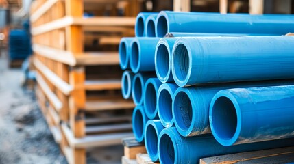 Close up blue PVC plumbing pipes stacked wooden pallets replacement at german city street infrastructure construction site. Town development building industrial background