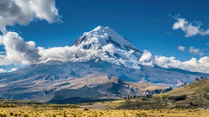 Snow-capped mountain behind rolling hills under blue sky with clouds