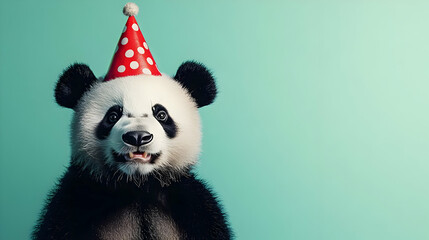 A cheerful panda wearing a festive party hat, perfect for celebrations and animal-themed events.