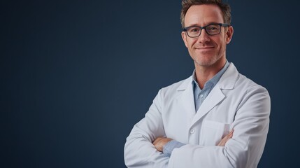 Confident male doctor with folded arms smiling at camera, wearing white lab coat and eyeglasses, navy blue background.