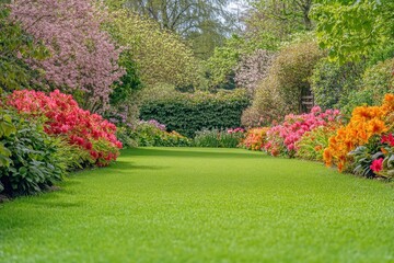 Wall Mural - Beautiful spring garden. The green lawn emphasizes the blooming flowers in the garden. A diverse spectrum of colorful flowers, panoramic views of natural beauty , ai