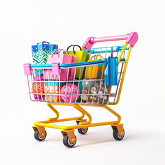 shopping cart colorful bags purchases retail store consumer buy items goods market plastic shop commerce sale retail therapy shopping bags full cart 