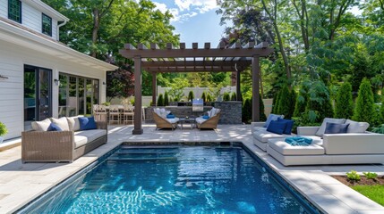 Luxurious backyard living space with outdoor furniture and pool. Relaxing backyard living space with a pergola and outdoor furniture. Real estate and home decor concept.