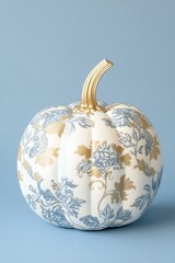 Elegant white pumpkin adorned with blue and gold floral patterns, perfect for chic autumn and harvest decorations, on a light blue background.