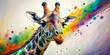 © Indigo Studio - A close-up painting of a giraffe's head with a colorful splash of paint