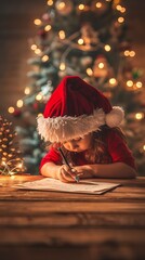 Wall Mural - Festive scene of a child in a Santa hat writing a letter, illuminated by warm Christmas lights and a decorated tree in the background.