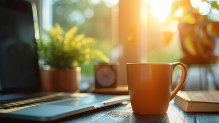 Wall Mural - Cozy home office workspace bathed in warm sunlight, featuring a laptop, coffee mug, and potted plant on a wooden desk by the window.