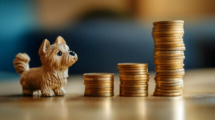 A small dog figurine next to stacks of coins, symbolizing savings, wealth, and financial growth in a playful setting.