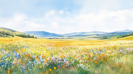 Wall Mural - watercolor painting of a field of wildflowers with hills in the distance.