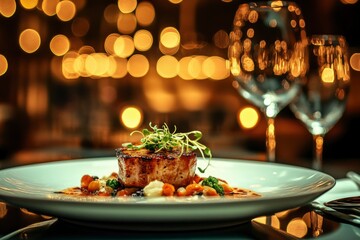 Elegant plated dish in a sophisticated restaurant setting with warm bokeh lighting in the background, highlighting the ambiance and fine dining experience , ai