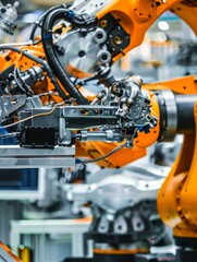 industrial robot arm performing precise tasks in a high-tech smart factory