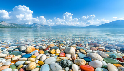 The sea is full of colorful pebbles, and the pebble beach on both sides is covered with many colored glass stones