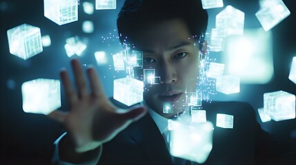 Businessman Interacting with Holographic Cubes, Futuristic Technology, Digital World, Innovation, Concept