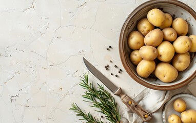 Wall Mural - Fresh potatoes in bowl and knifele background. Top view with copy space.