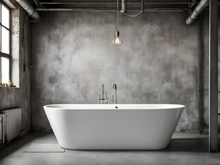 Big white bathtub in a middle of industrial loft bathroom style with grunge cement wall.